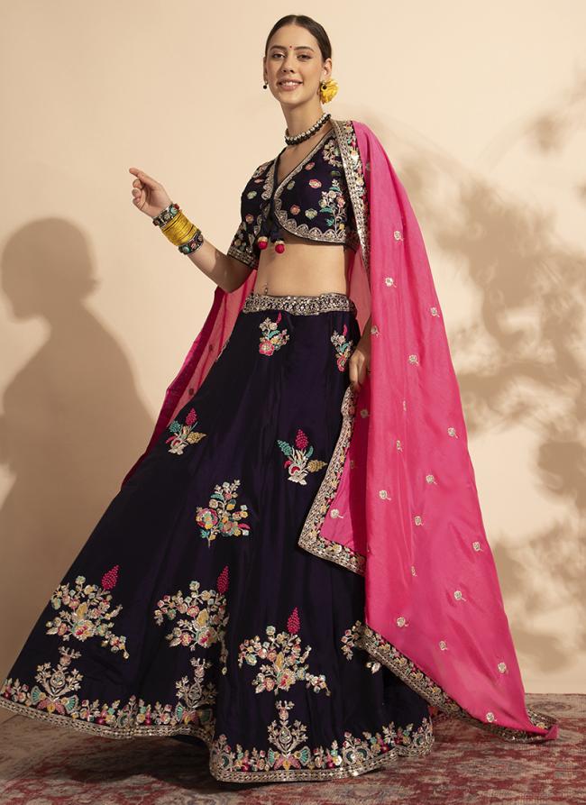 Premium Georgette Dark Purple Wedding Wear Sequins Work Ready To Wear Lehenga Choli